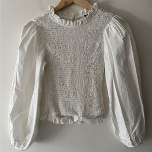 SHEIN White Smocked Puff Long Sleeve White High Neck Top